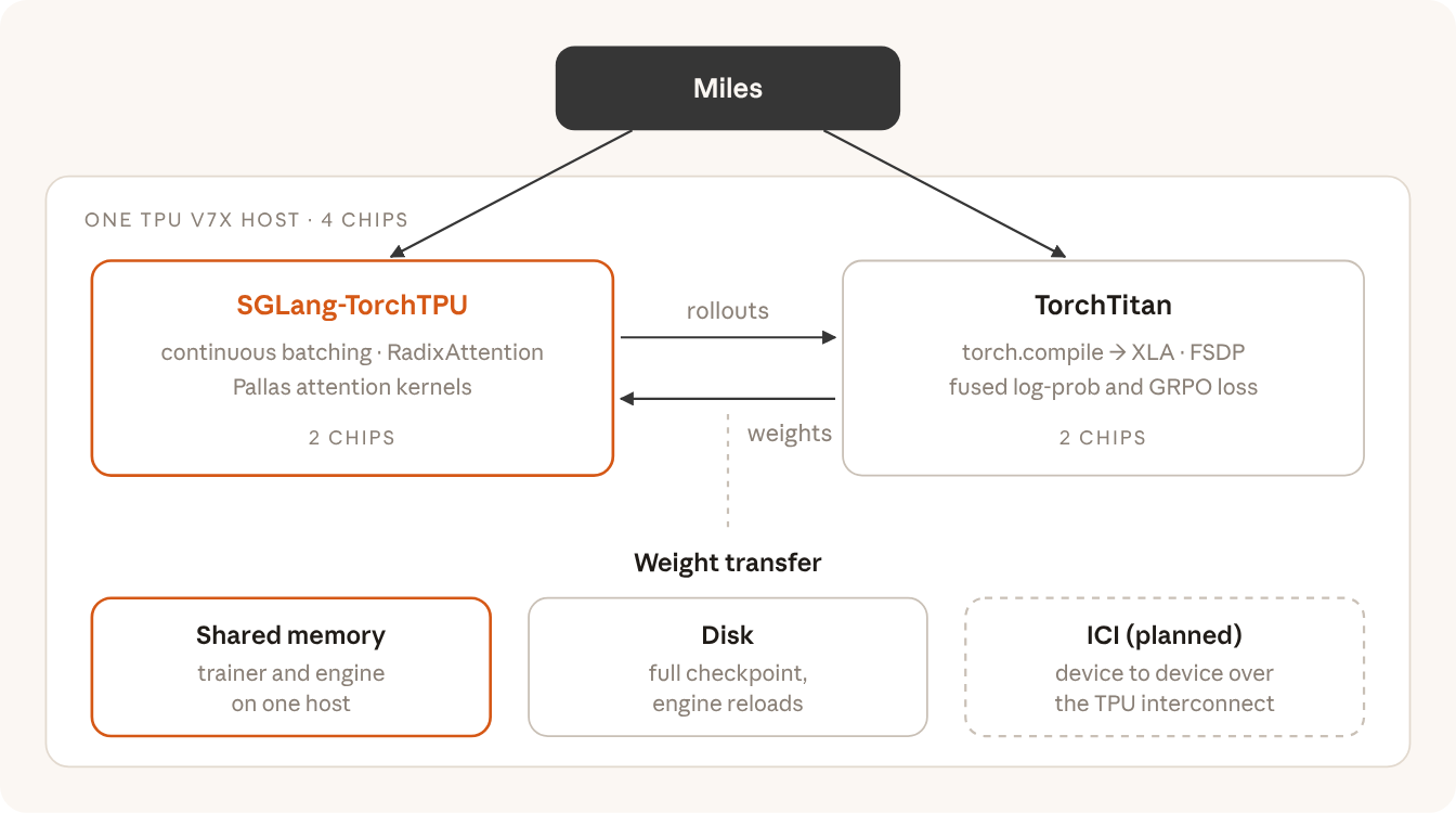 RL training with Miles on one TPU v7x host: SGLang-TorchTPU generates rollouts on 2 chips, TorchTitan trains on 2 chips, and new weights move back to the engine through shared memory, disk or ICI (planned).